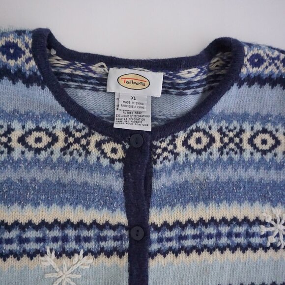 Vintage Talbots Blue White Knit Winter Snowflake Button Up Cardigan Sweater XL - Picture 10 of 10